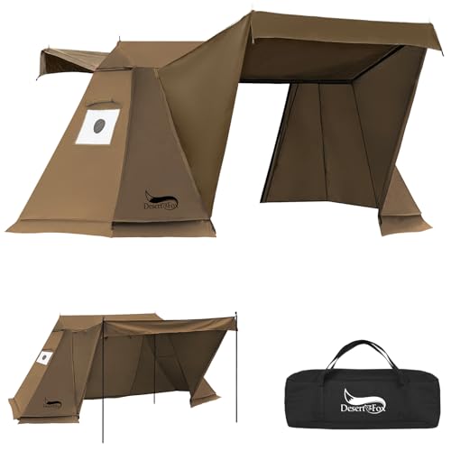 DesertFox テント2人用 TC パップテント 軍幕 ポリコット 通気 煙突穴付き 前後開閉可能 設営簡単 4シーズン適用 キャンプ 焚き火 難燃 遮光 撥水 多機能 ツーリング 家族用 収納袋付き JYZ (カーキ)